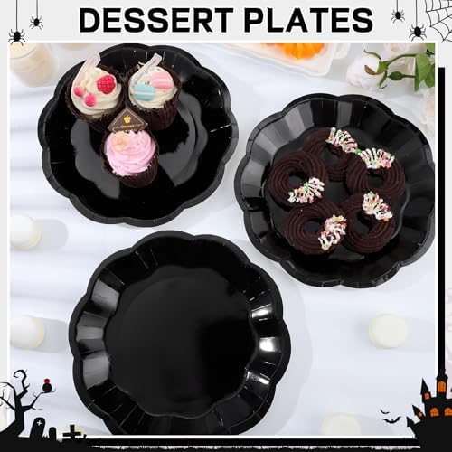 NatNarr 30 Pcs Black Paper Plates, 9 Inch Scalloped Halloween Dinner Plate