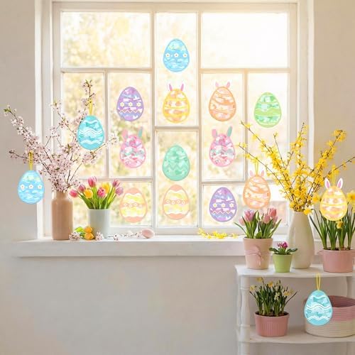 Renbuzhu 48PCS Easter Crafts Bulk: Eggs Paper Suncatchers DIY Kit for Activities Decorations, Window Stained Glass Effect Art Ornaments