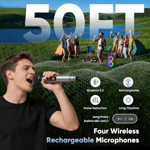 Karaoke Machine for Adults Kids, Bluetooth Speaker 4 Wireless Microphones