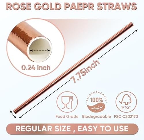[100 Pack] Lives on Green Rose Gold Biodegradable Paper Drinking Straws, Disposable Party Straws for Birthday, Weddings, Cocktail Parties & Decorations (7.75'' x 0.24'')