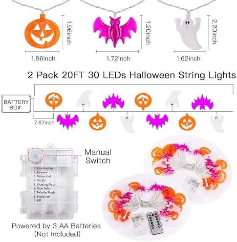 2 Pack Halloween Lights Indoor Outdoor Decorations Total 40FT 60 LED Pumpkin Bat Ghost Halloween String Lights Battery Operated, 8 Modes Waterproof Spooky Fairy Lights Home Yard Window Outside Decor