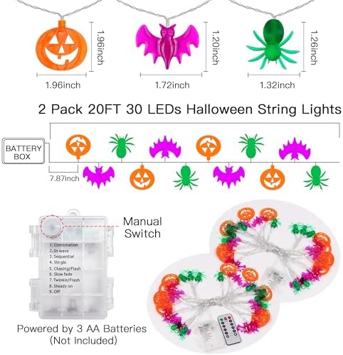 2 Pack Halloween Lights Outdoor Indoor Decorations Total 40FT 60 LED Pumpkin Bat Spider Halloween String Lights Battery Operated, 8 Modes Waterproof Cute Fairy Lights for Home Office Outside Decor