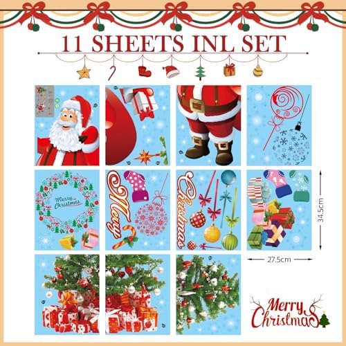 DIY Christmas Windows Clings Stickers Wreath Snowflakes Large Santa Claus Xmas Tree Wall Window Door Mural Decals Static Sticker for Office Winter Party Decorations (11 Sheets)