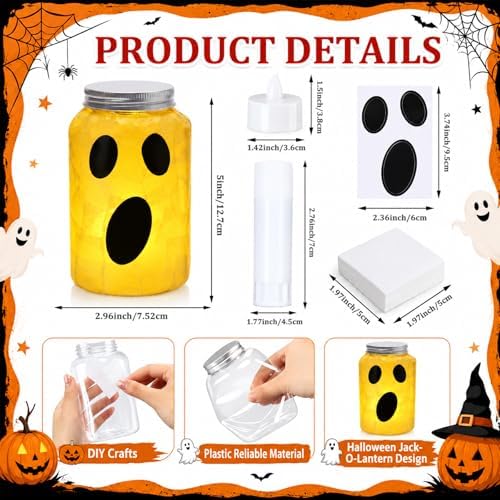 Qinyoung 12 Pcs Halloween Spooky Ghost Mason Jars Crafts with LED light