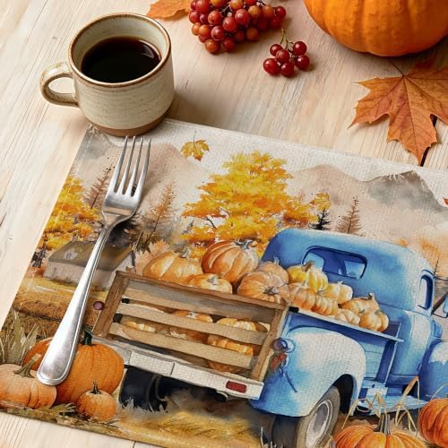 Fall Placemats Set of 4, 12x18 inch - Harvest Farm Thanksgiving Table Decor