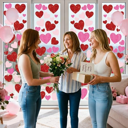 9 Sheets Valentines Day Window Clings Decorations, Red Heart Decor Stickers