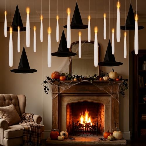 20PCS Halloween Flameless Floating Candles with Wand Remote & Witch Hat