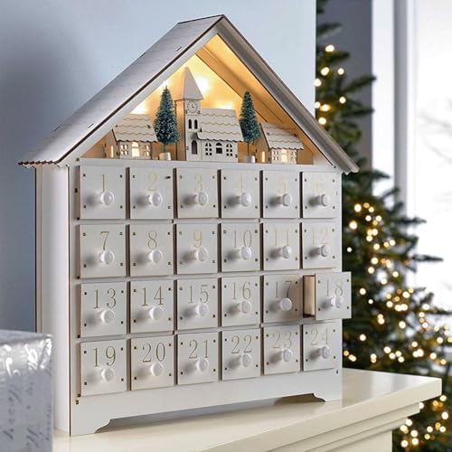 LYFJMUS Wooden Christmas Advent Calendar 2025 with 24 Storage Drawers Reusable Advent Calendar with LED Lights Countdown to Christmas Decoration for Kids