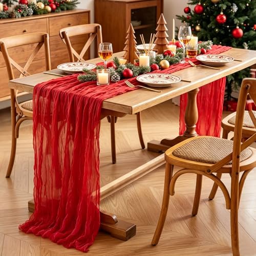 3Pcs Red Table Runner, 10FT Rustic Gauze Red Table Runner 35*120inch Boho Table Runners for Wedding Bridal Shower Birthday Baby Shower Table Centerpiece Decorations