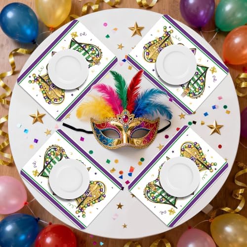6 Set Carnival Mardi Placemats, 11x16 Inch Fleur de Lis Heart Bead Plastic Placemats Spring Holiday New Orleans Cocktail Table Mats for Carnival Masquerade Party Festival Decor