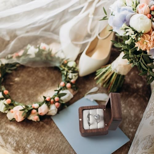 Wooden Ring Box, Engagement Ring Box with 2 Slots, Square Wedding Ring Holder Box, Small Ring Holder Box for Wedding, Proposal, Ceremony(White Inner without window)
