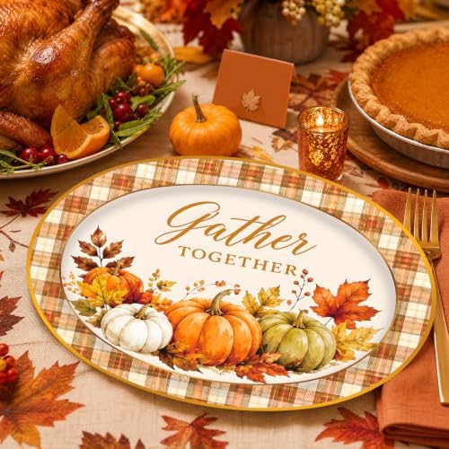 50 Pack Thanksgiving Oval Paper Plates – 12 Inch Disposable Fall Pumpkin Dinner Plates for Thanksgiving Dinner, Friendsgiving, Harvest Party and Autumn Party Supplies