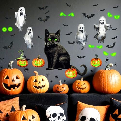 Halloween Ghost Cat Window Clings Pumpkin Bat Eyes Wall Decals Decorations