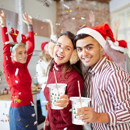 Funnymoom 50 Sets Christmas Disposable Plastic Cups Bulk with Lids Straws 16 oz Pink Green Xmas Tree Plastic Cups Cold Beverage Drinking Container for Xmas Holiday Juice Hot Cold Drinks