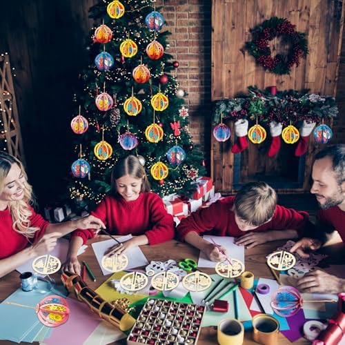 Chunful 72 Pcs DIY Christmas Wood Crafts to Paint 3D Unfinished Wooden Ornaments Christmas Hanging Cutouts Blank Hollow Wood Winter Snowflake House Holiday Wooden Slice for Xmas Tree Decorations