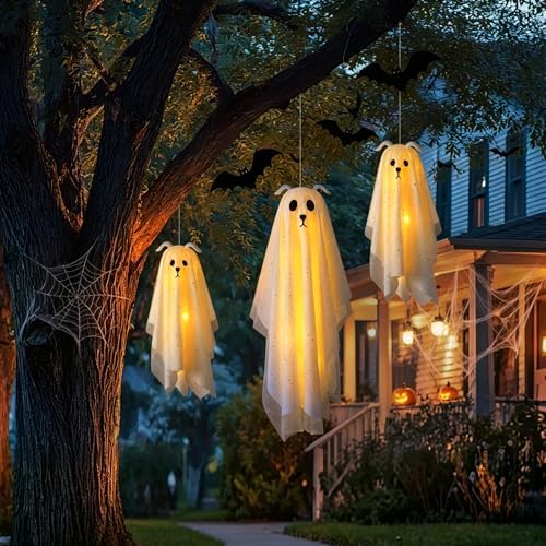 Halloween Decorations Outdoor, 3 Pack Lighted Dog Ghost Hanging Decor