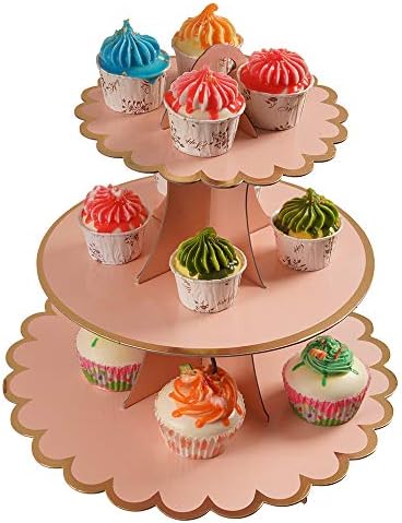 YLDW Cupcake Stand with Lace Trim, 3-Tier Cupcake Stand Display, Cardboard Cup Cake Tower Stand, Disposable Dessert Stand for Birthday Tea Party Baby Shower Treat Decorations, Orange Pink