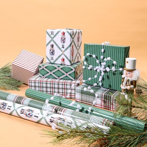 LaRibbons Reversible Plaid Christmas Wrapping Paper Set, Retro Nutcracker