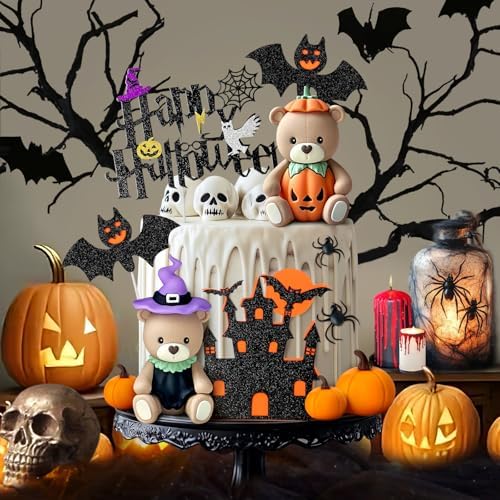 9 PCS Halloween Cake Topper Witch Bear Cake Topper Pumpkin Bat Cake Decorations with Happy Halloween Cake Decorations for Scary Party Supplies