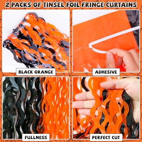 3 Pack Halloween Backdrop, Halloween Photo Backdrop Party Supplies with Happy Birthday Banner, Orange Black Foil Fringe Curtains Set for Birthday Halloween Party Decoration