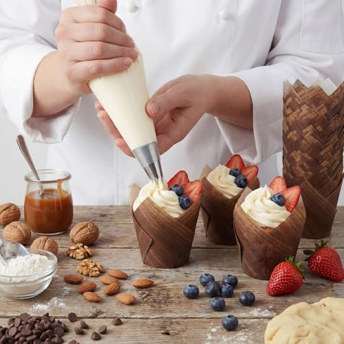 Maxdot 200 Pcs Wood Grain Tulip Cupcake Liners for Baking Woodland Theme Paper Muffin Baking Cups Brown Rustic Tulip Muffin Liners Wrappers for Bridal Showers Wedding Holiday Birthday Party
