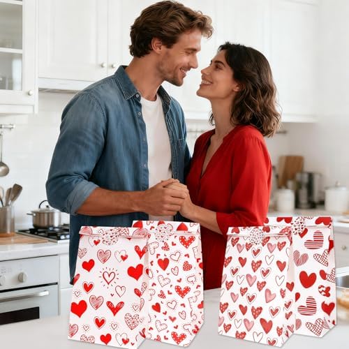 Valentines Bags for Kids Class 24 PCS Valentine Paper Bags with Stickers for Gifts Treat Goodie Candy Snack Goody Cookie Wrap Galentines Valentines Day Party Favors Supplies Decorations Baggies Pouch