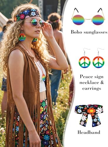 SOMSOC 7 Pieces 60s 70s Women Hippie Costume Fringe Vest Bag Pant Headband for Disco