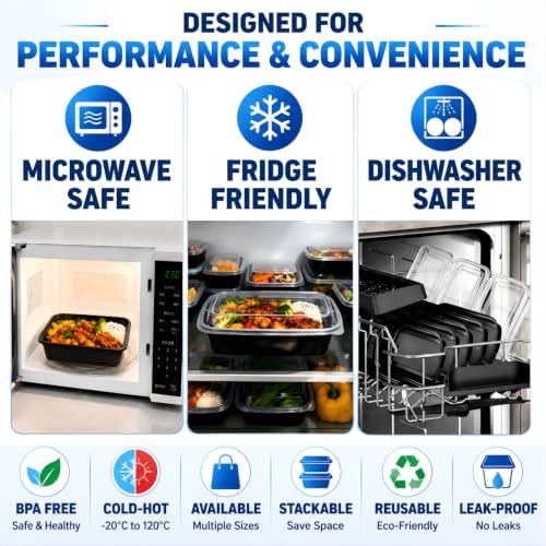 38oz 10 Pack Disposable Food Leftover Containers with Lids, Meal Prep Containers Reusable, To Go Containers Leakproof, Microwave Freezer Dishwasher Safe for Festival