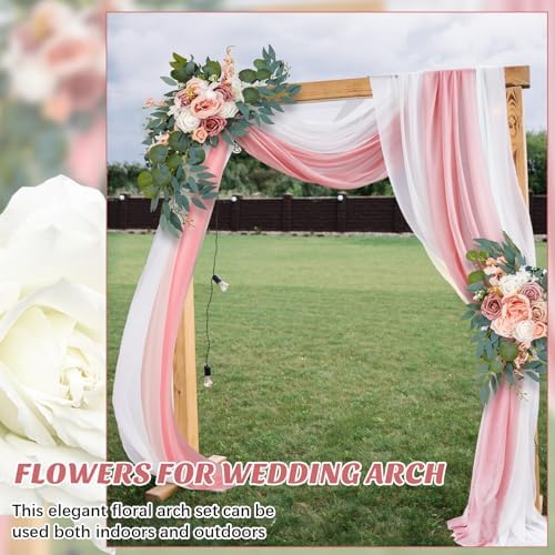 Thiccywoov 4 Pcs Wedding Arch Flowers and Drape Kit Include 2 Artificial Floral Swag and 2 Chiffon Drapes, Faux Flower Set for DIY Wedding Party Reception Ceremony Backdrop Rose Decoration (Pink)