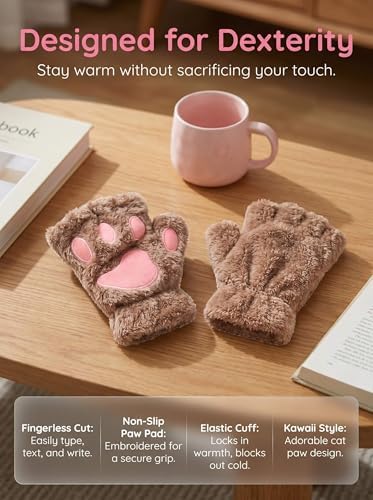 OTPEH Cat Paw Gloves, Furry Bear Paws Fingerless Gloves for Cosplay Costume