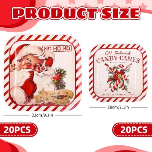 Whaline 40Pcs Christmas Vintage Tableware Set Santa Candy Cane Stripe Paper Plates 7 & 9 Inch Retro Xmas Square Disposable Plates for Holiday Party Table Supplies