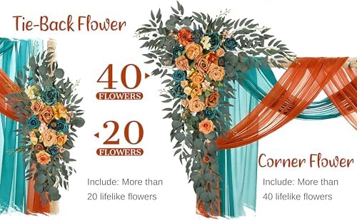 Wedding Arch Flowers with Drapes Kit (Pack of 4) - 2pcs Artificial Teal Orange Fall Deluxe Swag with 2pcs Sheer Drapes for Wedding Ceremony Arbor Reception Backdrop Rose Floral Decoration