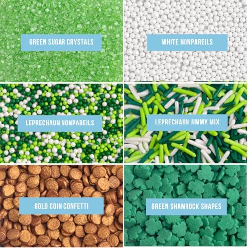Sweets Indeed St Patricks Day 6 Cell Sprinkles Jar – Green Shamrock Quins, Green and Gold Sugar, Circle Quins and Nonpareils for Baking & Decorating Cupcakes, Cookies, Cakes & Desserts – 6.45 ounces