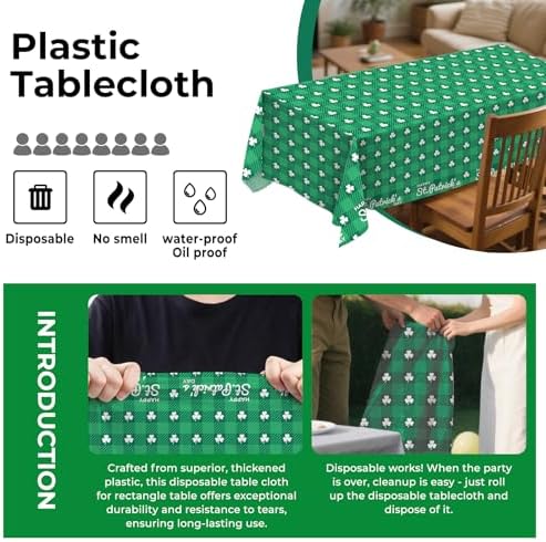 8 Pack Clover Checkered Plastic Tablecloth 54" x 108" Disposable Table Cloths Green St Patricks Day for 6 to 8 Foot Tables Cover for Parties Decorations Supplies (Clover Checkered, Rectangle)