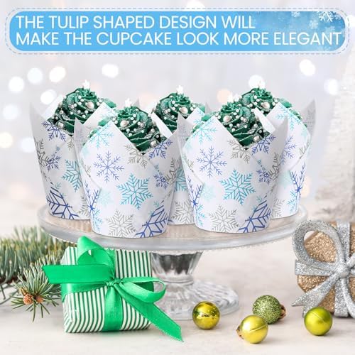 Maxdot 200 Pcs Winter Snowflake Tulip Cupcake Liners for Baking Blue Silver Snowflake Paper Muffin Baking Cups Christmas Tulip Muffin Liners Wrappers for Xmas Winter Birthday Party Supplies