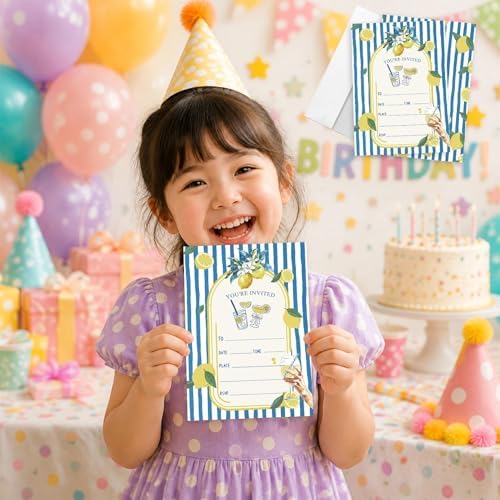 AEHIE 20 Sets Mediterranean Lemon Party Invitations With Envelopes, Summer Lemon Blue and White Striped Party Invitations Invite Cards for Women Ladies Adults