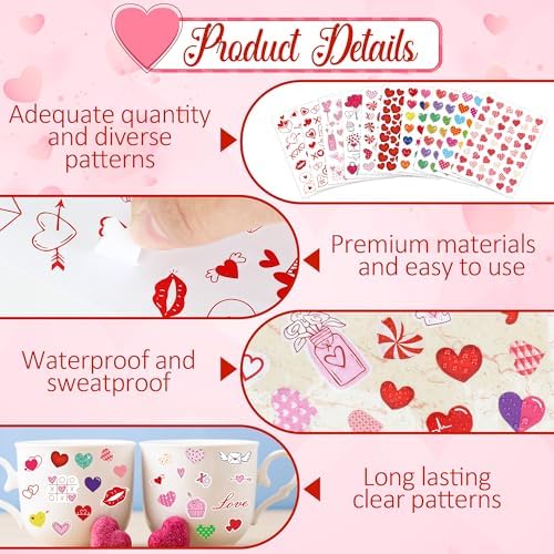 1140Pcs Valentines Stickers, 30 Sheets Valentine Day Cute Heart Stickers, Love Sticker Bulk for Valentines Day Decorations Prizes Gifts Box Envelopes Cards Decor Crafts Party Favors Supplies