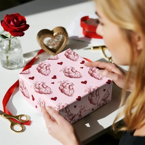 WRAPAHOLIC Gothic Valentines Day Wrapping Paper Roll - Mini Roll - 17 Inch x 16.5 Feet - Gothic Anantomy Heart Wrapping Paper for Valentine's Day, Anniversary, Birthday
