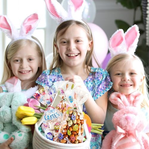 QOIUSO Easter Treat Bags: Clear Easter Cellophane Bags with 60 Twist Ties for Candy Goodie Cookies Sweet and Gifts Packaging - 50pcs Assorted Bunny & Egg Designs Platstic Party Favors Bags