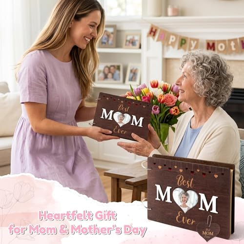 TICIAGA Large Size Mother’s Day Scrapbook Album Kit - 11.8x8.6 Best Mom Ever Large Wooden Photo Album Craft Set for Mom Grandma DIY Memory Book Keepsake Gift for Mother's Day Birthday & Family Moments