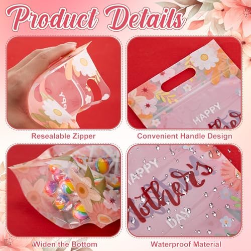 Engrowtic 50 Pcs Mother's Day Plastic Gift Bags with Handles Resealable Pink Flower Mom Candy Treat Goodie Cookie Bags for Happy Mothers Day Party Favor Wrapping Supplies