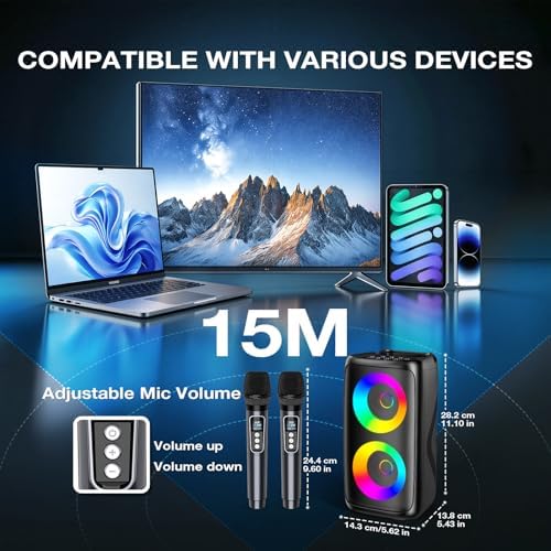 Portable Karaoke Machine for Adults: LED Lights Bluetooth Speaker with 2 Karaoke Microphones Birthday Gifts for Party Speaker Karaoke Home System Packages Supports TWS/TF Card/USB/AUX