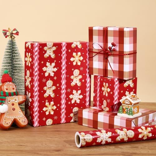 BIOBROWN Christmas Wrapping Paper Red Gingerbread Man & Plaid Design