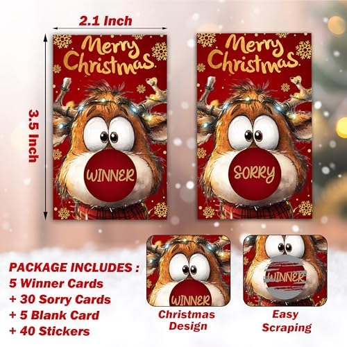 40 Pcs Christmas Scratch Off Cards with Stickers, Rudolph The Red Nose Reindeer Merry Christmas Games for Family Party, Xmas Holiday Party Raffle Ticket Supplies -A02