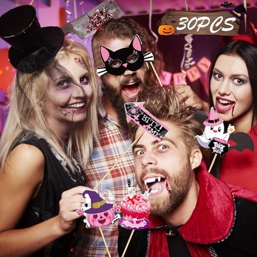 Halloween Photo Booth Props 30 PCS Set, Pink Photoshoot Decorations, Party Favors Supplies Halloween Games Kit with Sticks & Adhesive Dots