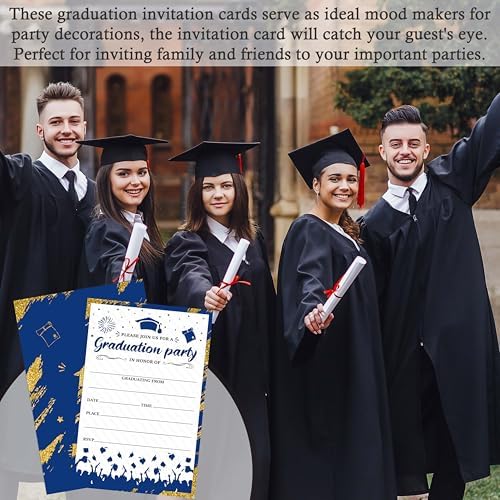 Graduation Invitations 2026, 25 Party Invitation Cards with Envelope, 4"x6" Blue Gold Grad Announcement Invites, Graduate Celebration Favor Supplies-A07
