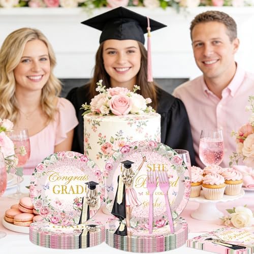 96Pcs She Believed She Could So She Did Paper Plates Napkins Forks Flower Graduation Decorations 2026 Party Tableware Floral Grad Class of 2026 for College High School Supplies Serve 24 Guests