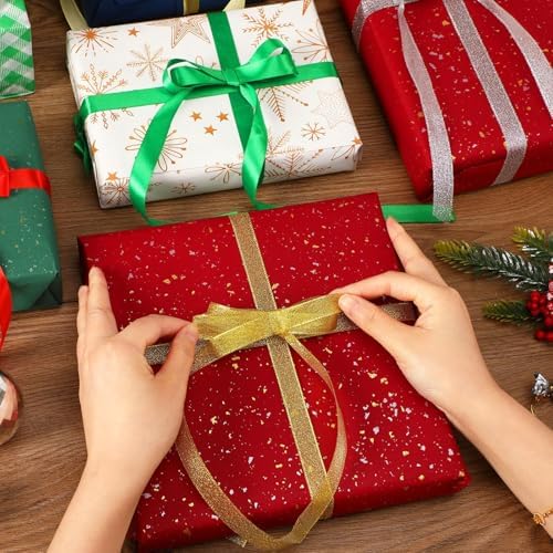 DECYOOL 4 Rolls Christmas Ribbon Metallic Glitter Satin Gift Ribbons