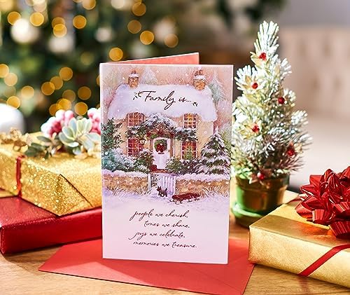 American Greetings Christmas Card for Family, Friends, or Someone Special, Shimmering Winter Cabin Scene Holiday Greeting (All the Joys)