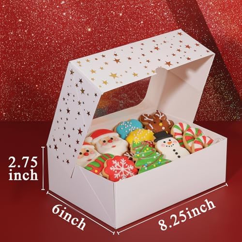 YEKTFS 24Pcs Christmas Cookie Boxes with Window - Gold Foil Star Pastry Boxes for Gift Giving, Bakery Boxes, White Christmas Cookie Tins with Lids,Dessert, Donut, Baked Goods Packaging